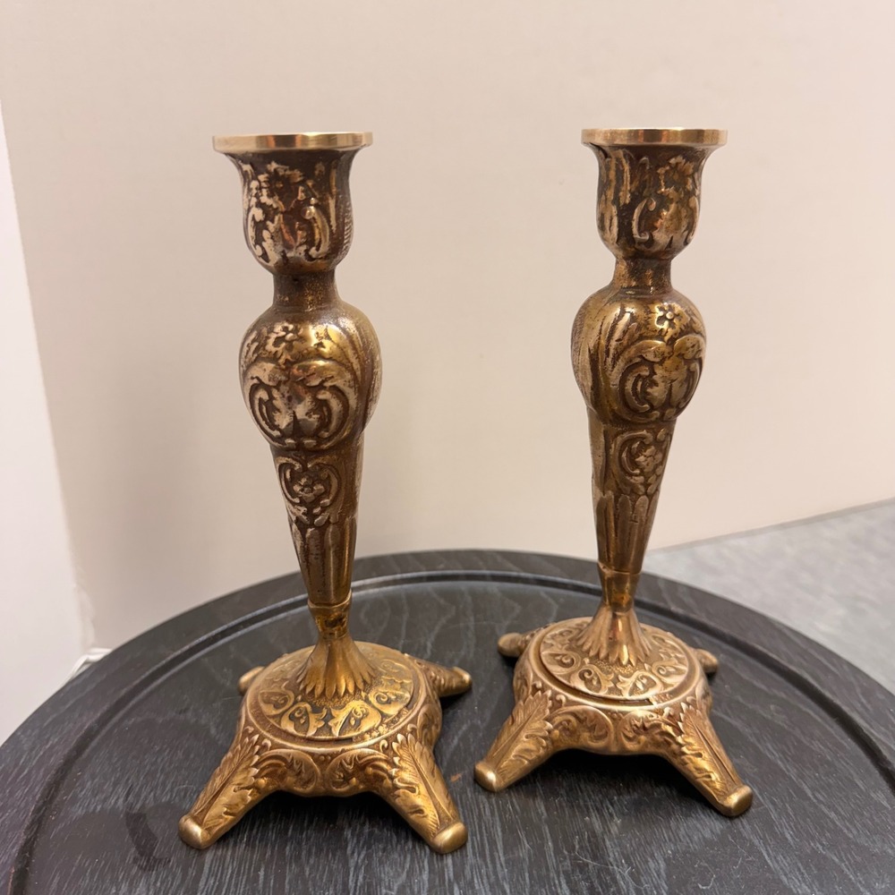 Vintage Brass Taper Candlestick Holders Pair Ornate Victorian Style Floral 7.5in